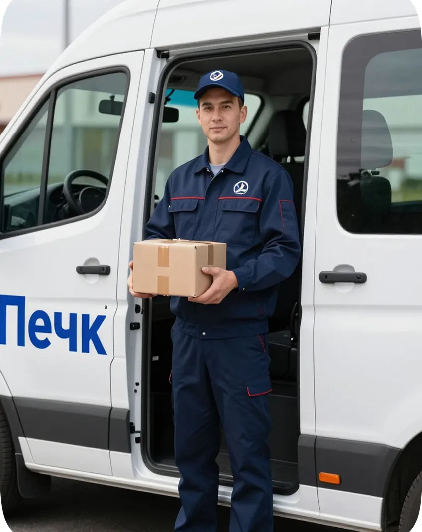 Курьер ERA передаёт коробку и принимает оплату по QR-коду с переносной кассы