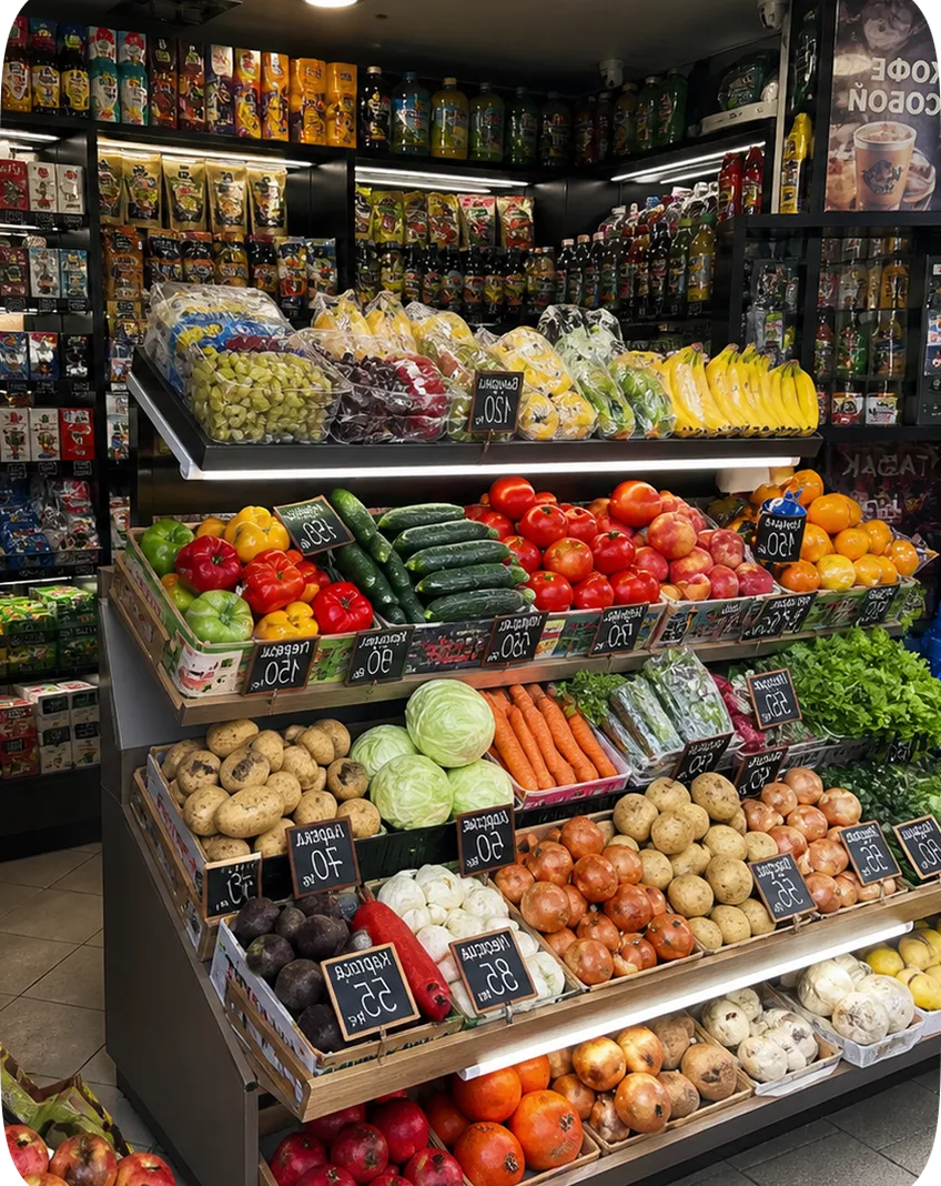 Витрина продуктового магазина у дома