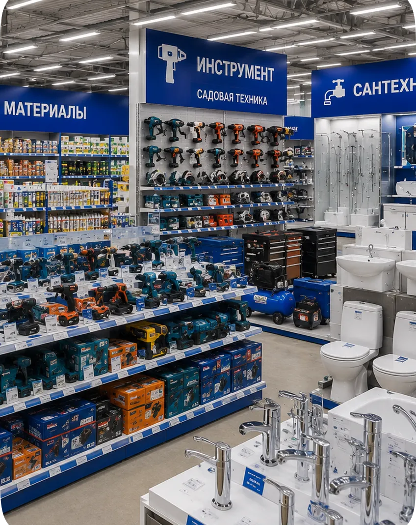 Стеллажи с товарами в магазине косметики и бытовой химии